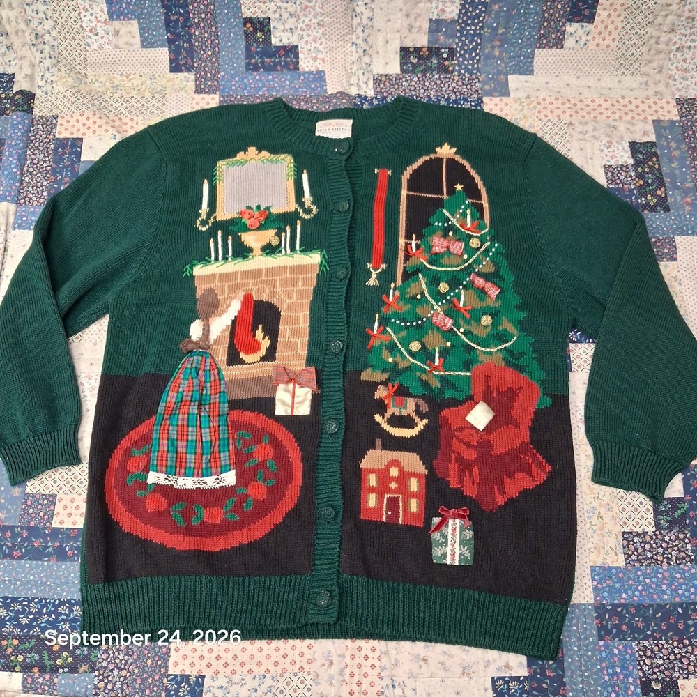 90s Vintage Susan Bristol Christmas Tree Fireplace Hand Embroidered Cardigan XL